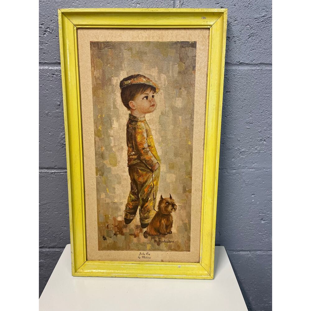 Vintage 1960's "Jackie Boy" Medeiros Lithograph Framed Big Eyes Boy Dog Art